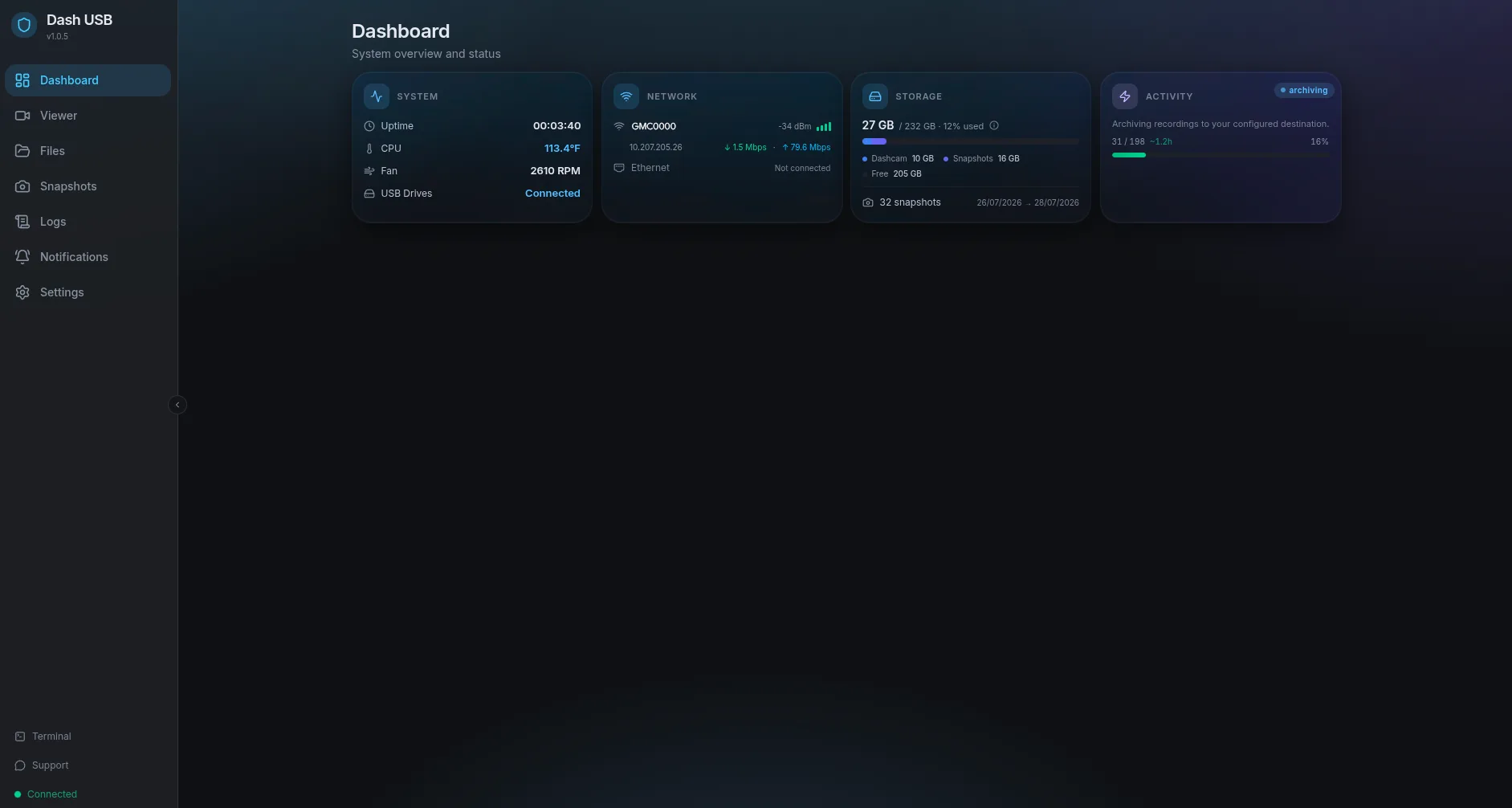 Dash USB web dashboard showing system, network, storage, and archive activity